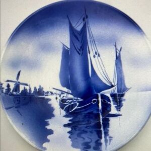 Vintage Blue White Delft Style Nautical Sailing Ship Windmill 12" Plate Germany